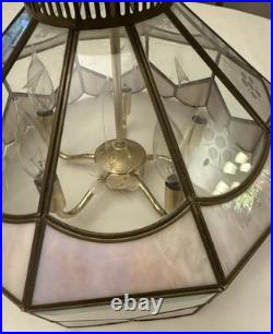 Vintage Tiffany Style Hanging Lamp Iridescent Pink Stained Glass Floral Accents