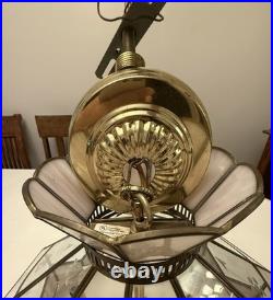 Vintage Tiffany Style Hanging Lamp Iridescent Pink Stained Glass Floral Accents