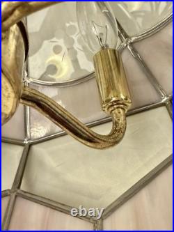 Vintage Tiffany Style Hanging Lamp Iridescent Pink Stained Glass Floral Accents