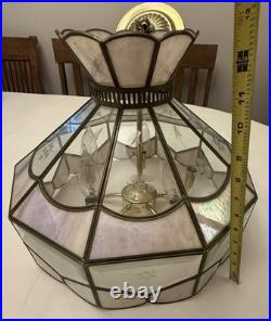 Vintage Tiffany Style Hanging Lamp Iridescent Pink Stained Glass Floral Accents