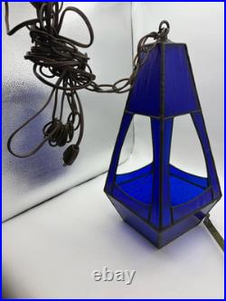 Vintage Tiffany Style Hanging Lantern Lamp Blue Slag Glass Beautiful 17 Tall