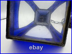 Vintage Tiffany Style Hanging Lantern Lamp Blue Slag Glass Beautiful 17 Tall