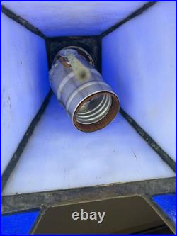 Vintage Tiffany Style Hanging Lantern Lamp Blue Slag Glass Beautiful 17 Tall