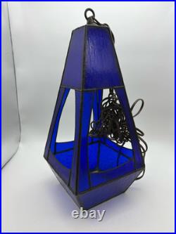 Vintage Tiffany Style Hanging Lantern Lamp Blue Slag Glass Beautiful 17 Tall