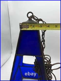 Vintage Tiffany Style Hanging Lantern Lamp Blue Slag Glass Beautiful 17 Tall