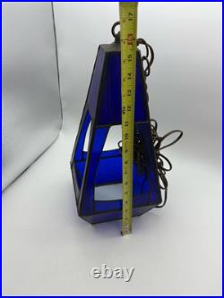 Vintage Tiffany Style Hanging Lantern Lamp Blue Slag Glass Beautiful 17 Tall