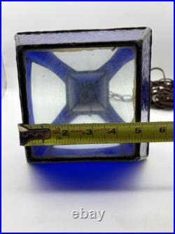 Vintage Tiffany Style Hanging Lantern Lamp Blue Slag Glass Beautiful 17 Tall