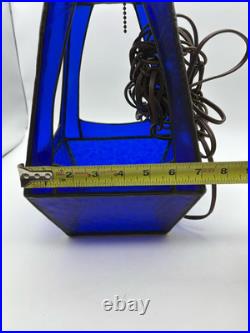Vintage Tiffany Style Hanging Lantern Lamp Blue Slag Glass Beautiful 17 Tall