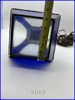 Vintage Tiffany Style Hanging Lantern Lamp Blue Slag Glass Beautiful 17 Tall