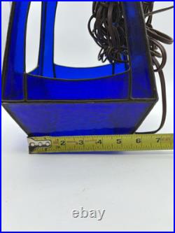 Vintage Tiffany Style Hanging Lantern Lamp Blue Slag Glass Beautiful 17 Tall