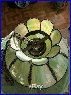 Vintage Tiffany Style Lamp Hanging Ceiling Swag Chandelier Green Stained Glass