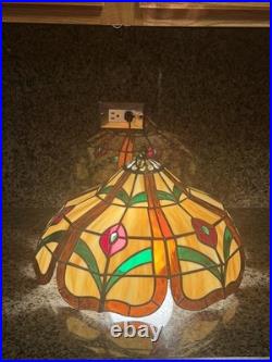 Vintage Tiffany Style Lamp Stained Glass Hanging Chandelier Large Shade 16 Diam