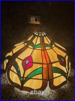 Vintage Tiffany Style Lamp Stained Glass Hanging Chandelier Large Shade 16 Diam