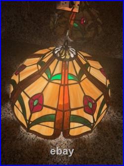Vintage Tiffany Style Lamp Stained Glass Hanging Chandelier Large Shade 16 Diam