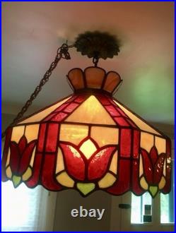 Vintage Tiffany Style Leaded Staines Glass Hanging Light Pendant Table Lamp NICE