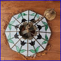 Vintage Tiffany Style Ruby Tulips Leaded Stained Glass Hanging Lamp 22.5 u-15A