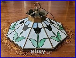 Vintage Tiffany Style Ruby Tulips Leaded Stained Glass Hanging Lamp 22.5 u-15A