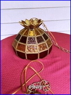 Vintage Tiffany Style Slag Stained Glass Chandelier Hanging Lamp AMBER