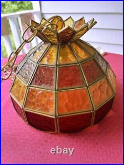 Vintage Tiffany Style Slag Stained Glass Chandelier Hanging Lamp AMBER