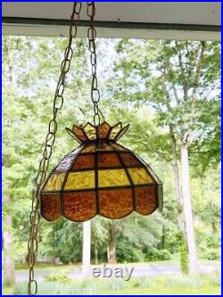 Vintage Tiffany Style Slag Stained Glass Chandelier Hanging Lamp AMBER