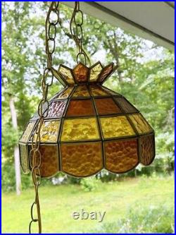 Vintage Tiffany Style Slag Stained Glass Chandelier Hanging Lamp AMBER