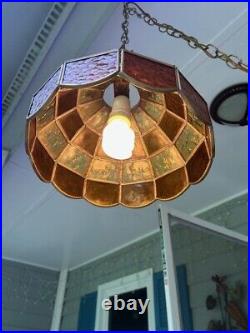 Vintage Tiffany Style Slag Stained Glass Chandelier Hanging Lamp AMBER