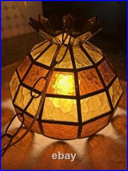 Vintage Tiffany Style Slag Stained Glass Chandelier Hanging Lamp AMBER