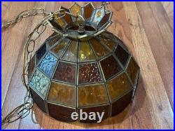 Vintage Tiffany Style Slag Stained Glass Chandelier Hanging Lamp AMBER