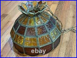 Vintage Tiffany Style Slag Stained Glass Chandelier Hanging Lamp AMBER