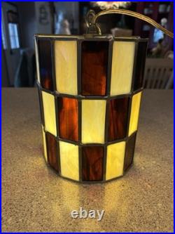 Vintage Tiffany Style Stained Glass Checkered Hanging Swag Lamp As Is