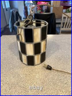 Vintage Tiffany Style Stained Glass Checkered Hanging Swag Lamp As Is