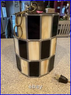 Vintage Tiffany Style Stained Glass Checkered Hanging Swag Lamp As Is