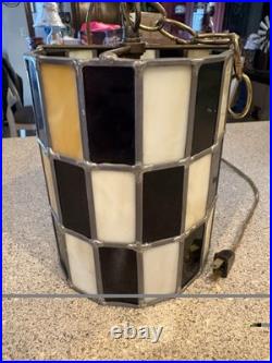 Vintage Tiffany Style Stained Glass Checkered Hanging Swag Lamp As Is
