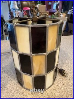 Vintage Tiffany Style Stained Glass Checkered Hanging Swag Lamp As Is