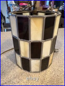 Vintage Tiffany Style Stained Glass Checkered Hanging Swag Lamp As Is