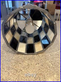 Vintage Tiffany Style Stained Glass Checkered Hanging Swag Lamp As Is