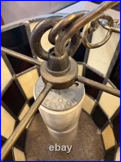 Vintage Tiffany Style Stained Glass Checkered Hanging Swag Lamp As Is