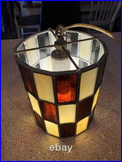 Vintage Tiffany Style Stained Glass Checkered Hanging Swag Lamp As Is
