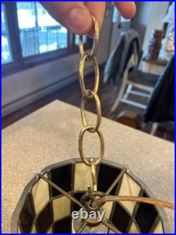 Vintage Tiffany Style Stained Glass Checkered Hanging Swag Lamp As Is