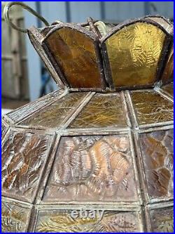 Vintage Tiffany Style Stained Glass Hanging Light Lamp Fixture MCM Swag Lamp