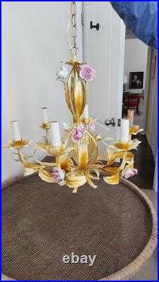 Vintage Tole Metal 6 Arm Flower Chandelier Ceiling Light F. M. C. Milano Italy