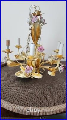 Vintage Tole Metal 6 Arm Flower Chandelier Ceiling Light F. M. C. Milano Italy