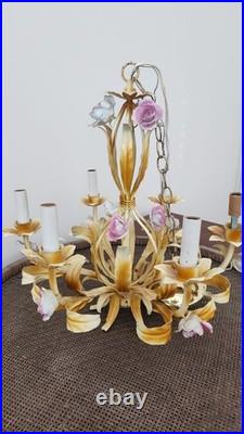 Vintage Tole Metal 6 Arm Flower Chandelier Ceiling Light F. M. C. Milano Italy