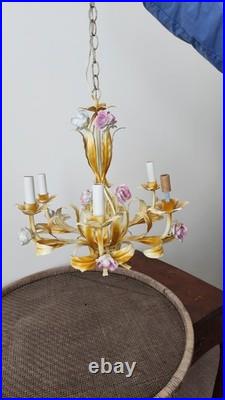 Vintage Tole Metal 6 Arm Flower Chandelier Ceiling Light F. M. C. Milano Italy