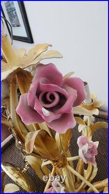 Vintage Tole Metal 6 Arm Flower Chandelier Ceiling Light F. M. C. Milano Italy