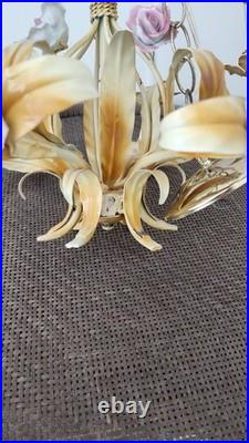 Vintage Tole Metal 6 Arm Flower Chandelier Ceiling Light F. M. C. Milano Italy