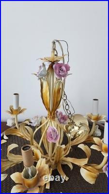 Vintage Tole Metal 6 Arm Flower Chandelier Ceiling Light F. M. C. Milano Italy