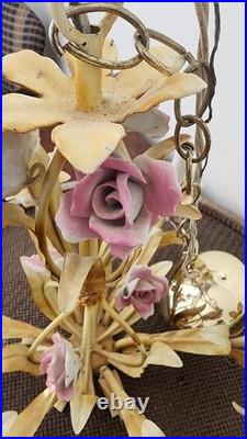 Vintage Tole Metal 6 Arm Flower Chandelier Ceiling Light F. M. C. Milano Italy