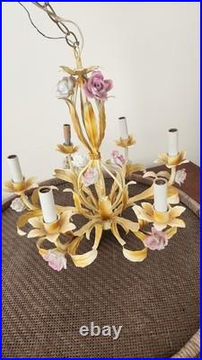 Vintage Tole Metal 6 Arm Flower Chandelier Ceiling Light F. M. C. Milano Italy