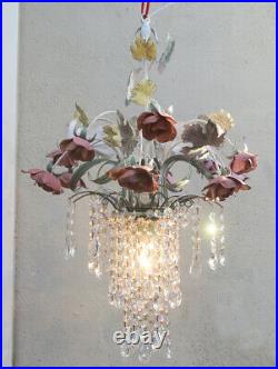 Vintage Toleware Shabby Barbola Pink Rose Chandelier Swag Lamp tole CRYSTAL pris